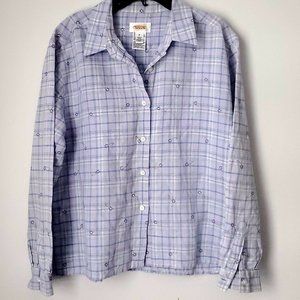 TALBOTS 100% cotton Women's Plaid Button Down Shirt Embroidered Florals MEDIUM